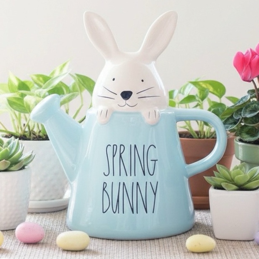 Rae Dunn Spring Bunny Ceramic Watering Can Farmhouse Easter Whimsical Decor 9x5